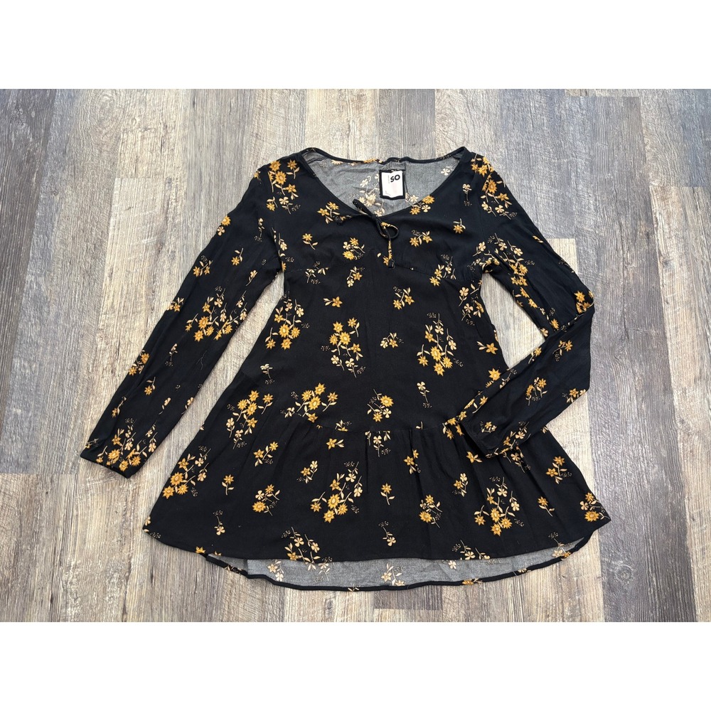 SO Womens Floral Babydoll Tunic‎ Top Black Yellow Long Sleeve Tie V-Neck Small